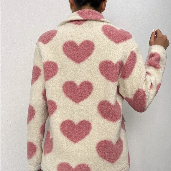 Teddy Sherpa coat jacket heart cream pink fuzzy warm collar winter - Picture 4 of 8